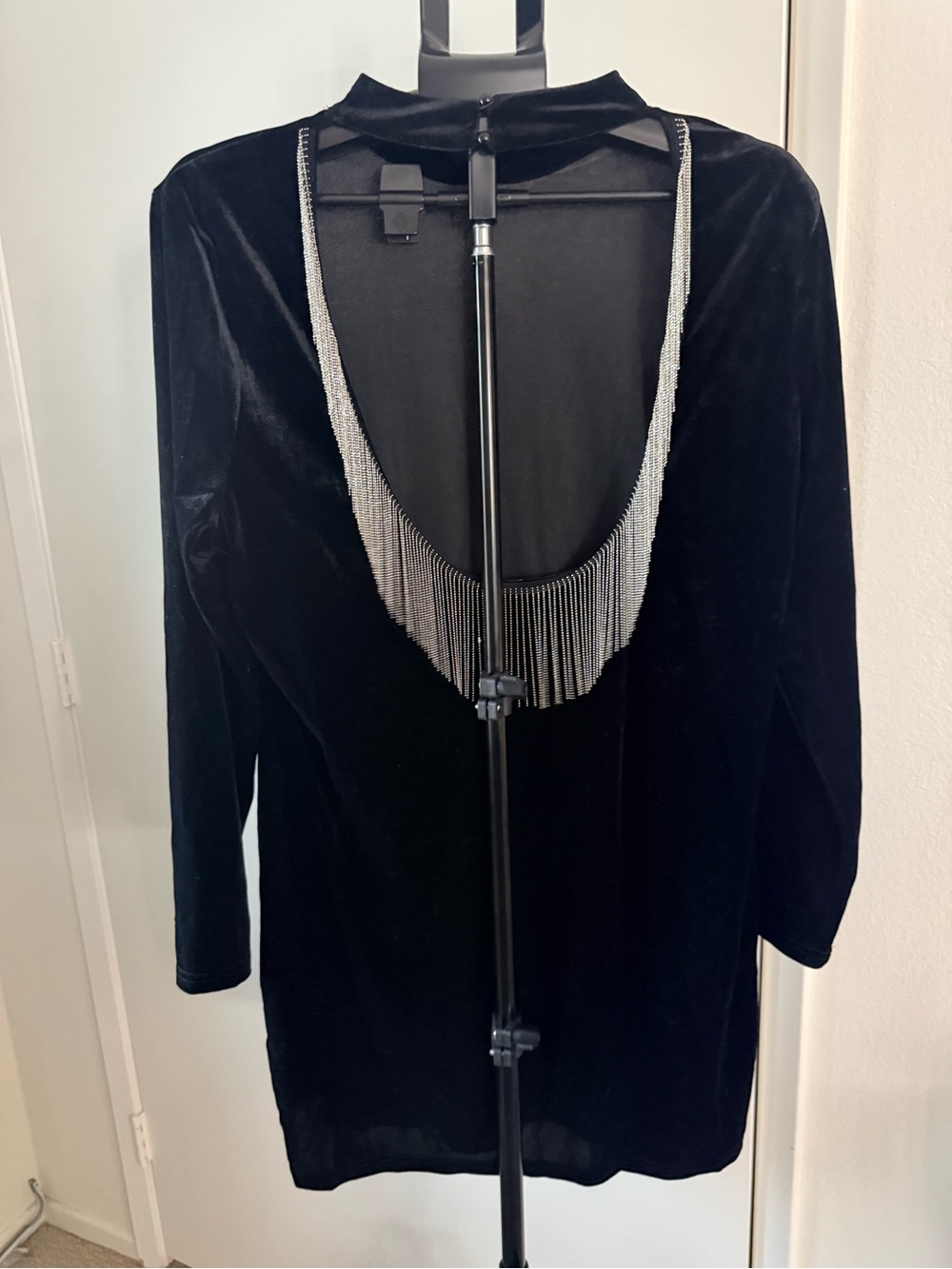 PARISIAN Black mock neck Velvet Long Sleeve mini Dress with Silver Fringe Back